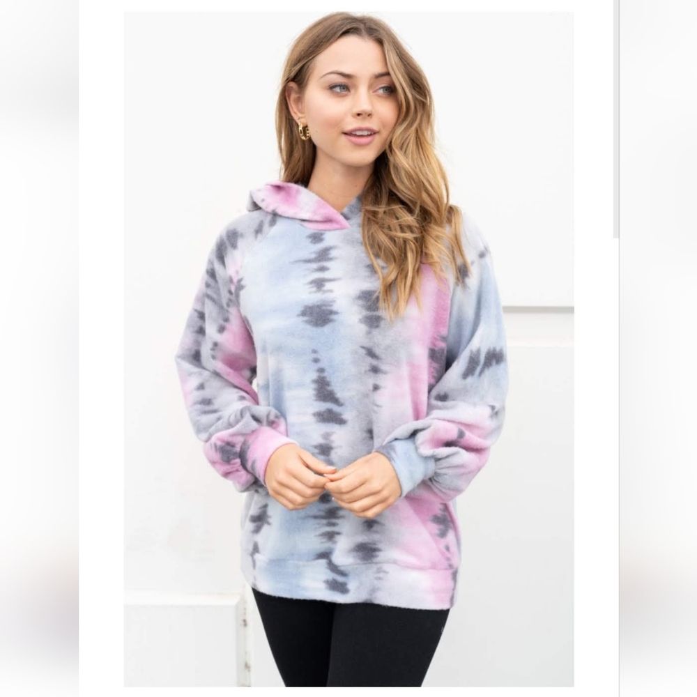 White Birch Cozy Grey and Pink Tie Dye Hoodie